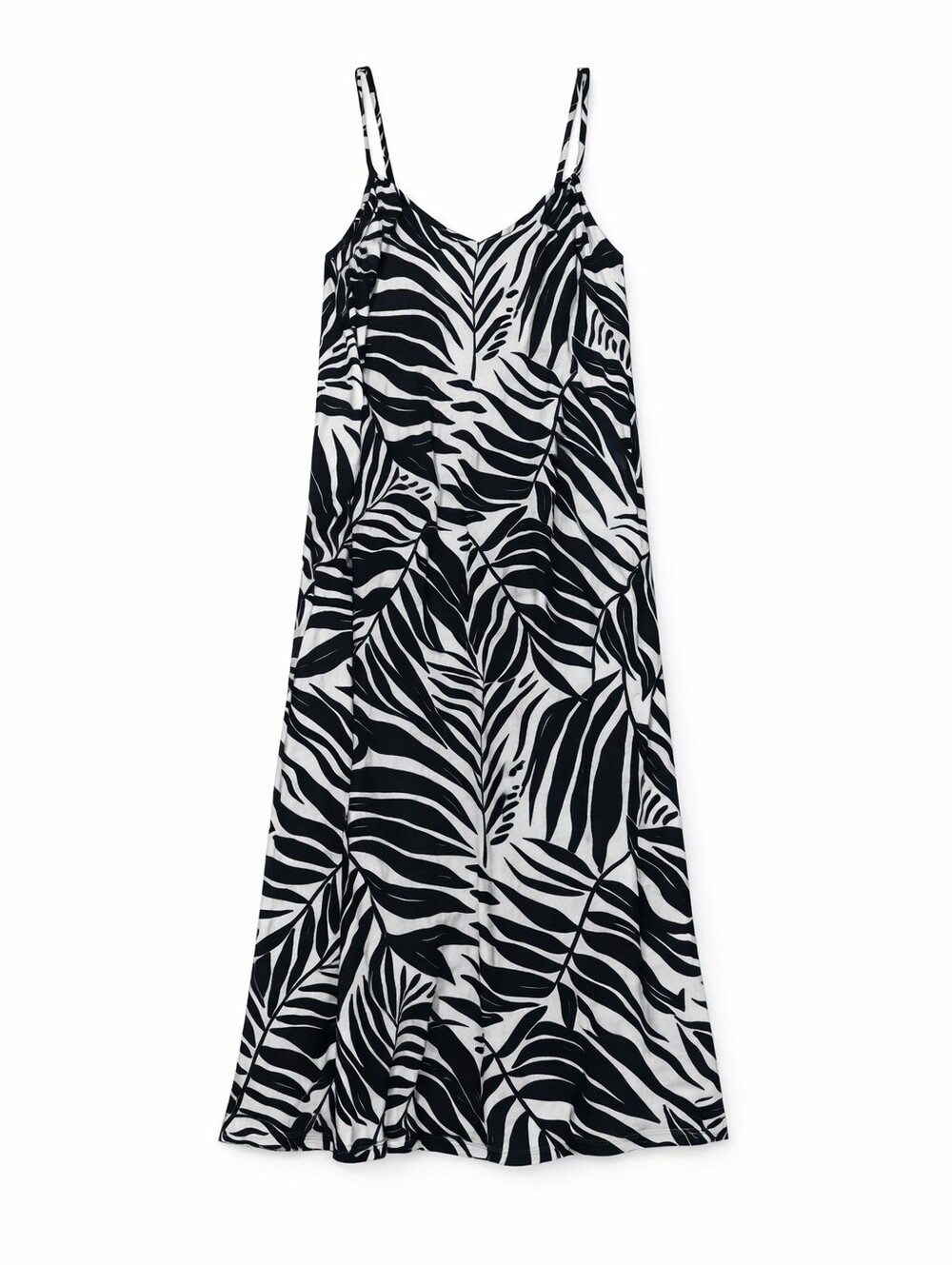 Sleeveless Black & White Leaf-Print Maxi Dress